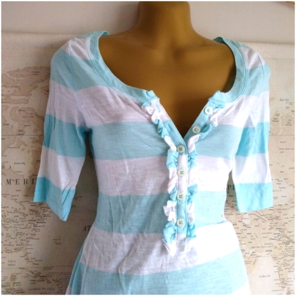 *SOLD* Y2K Old Navy Striped Ruffled Henley Top in White and Teal-Size S - Picture 2 of 5